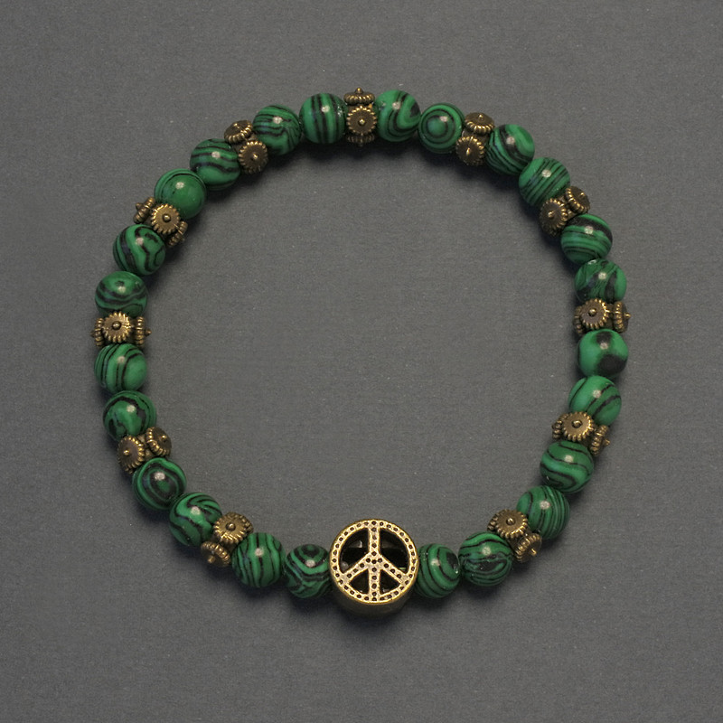 Malachit-Armband, glatte Kugeln, Durchmesser ca. 6 mm, mit Metall-Einlagen, Länge ca. 18 cm, Stretcharmband