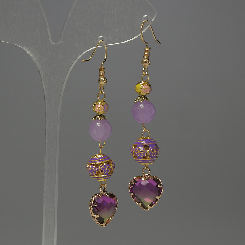 Ohrhänger Lavendel-Amethyst Kugel, Ø ca. 8 mm ±, Kluazone-Einlage Ø ca. 10 mm ±, Kristall in Metallfassung Ø ca. 12 mm ±, Länge ca. 65 mm ±