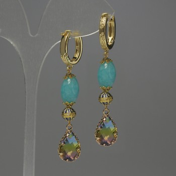 Ohrringe Aquamarin-Perle, Ø ca. 12 mm, Cloisonsemaille Ø ca. 7 mm, Kristallfassung 14×10 mm, Länge ca. 58 mm