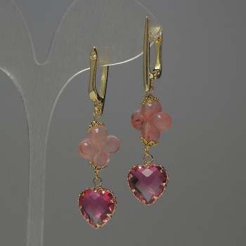 Ohrringe Chalzedon Kleeblatt-Form, Durchmesser 13 mm ± Rosa Kristall in der Fassung 13 mm ±, Länge 53 mm ±
