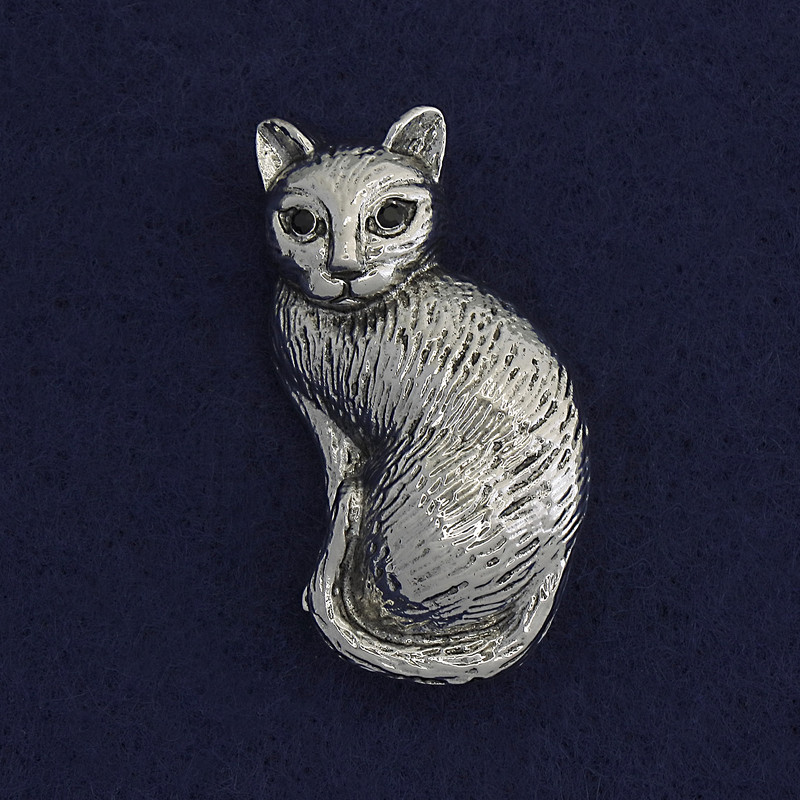 Brosche-Anhänger Katze, schwarze Strasssteine, glänzendes silberfarbenes Metall, 45×23 mm+