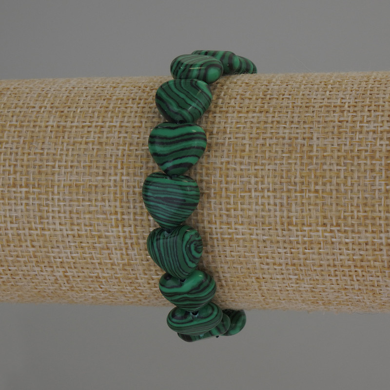 Malachit-Herzarmband, Durchmesser ca. 12 × 12 mm, Länge 18 cm Stretch