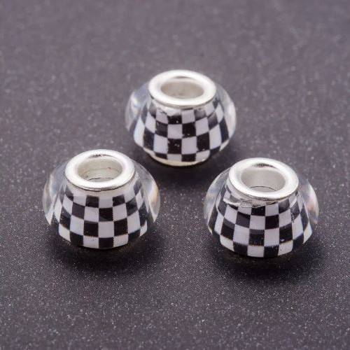 Pandora-Perle weißes Schachbrettmuster, Kunststoff, Durchmesser 13 mm, Lochdurchmesser 5 mm, Verpackung 11 Stück