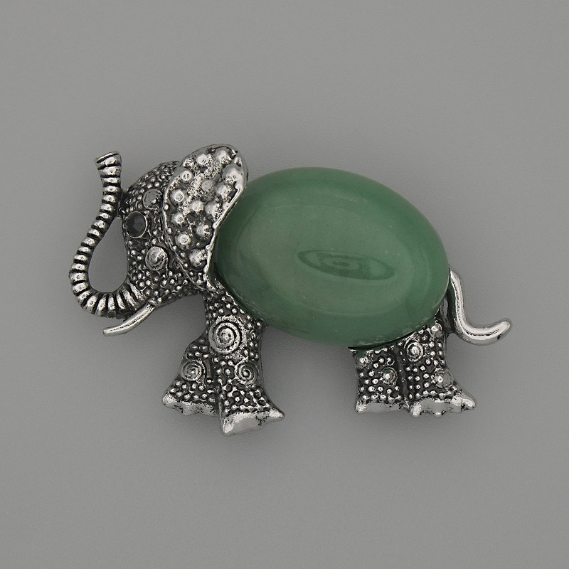 Brosche-Anhänger Elefant aus Nephrit 45×27 mm ± schwarze Strasssteine, silbernes Metall