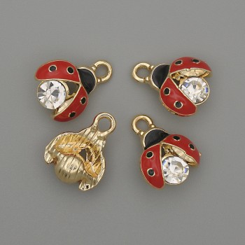 Anhänger Sonnenschein mit Strasssteinen, rote Emaille, goldfarbenes Metall, Durchmesser ca. 10×12 mm, 4er-Packung