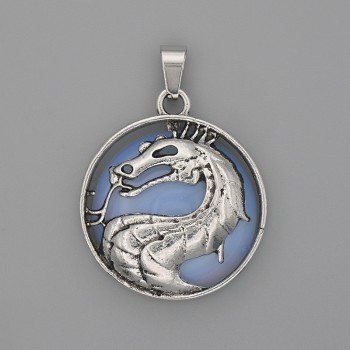 Anhänger Drache im Kreis mit Mondstein, Durchmesser ca. 28 mm, Länge ca. 38 mm, silbernes Metall