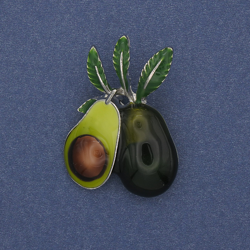 Brosche mit Anhänger Avocado, bunte Emaille, silberfarbener Metall, 39×27 mm+