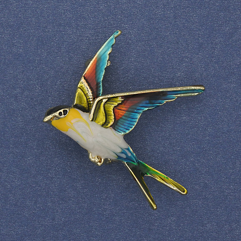 Brosche-Anhänger „Vogel“ mit farbiger Emaille und goldfarbenem Metall, 38×26 mm+