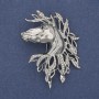 Brosche mit Anhänger Pferd, weiße Strasssteine, silberfarbenes Metall, 54×41 mm+