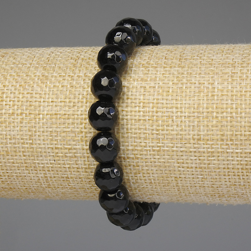 Schwarzes Achat-Armband mit facettierten Kugeln 10 mm, Länge ca. 18 cm, Stretcharmband