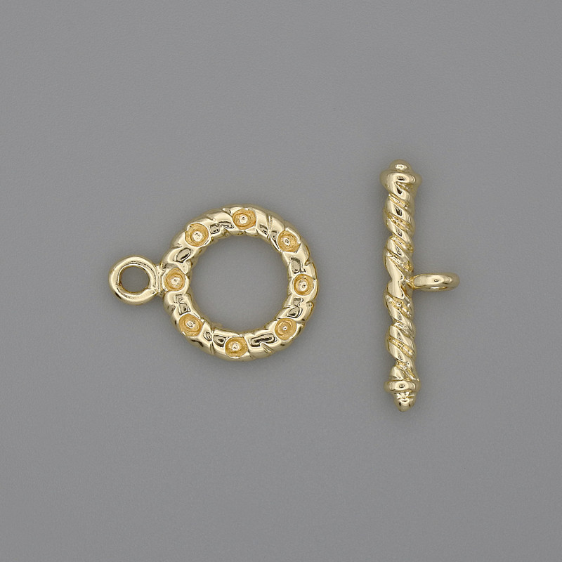 Toggle-Verschluss, goldfarbener Metallton, Ringdurchmesser ca. 13 mm, Plattenlänge ca. 21 mm, Breite ca. 3 mm, Lochdurchmesser ca. 8 mm
