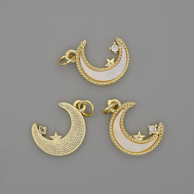 Anhänger Perlmutt-Mond 15×13 mm ± weißer Strassstein, Länge 20 mm ± goldfarbenes Metall