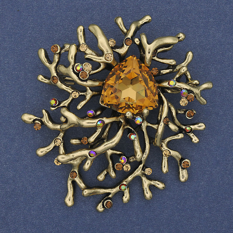 Brosche-Anhänger Akzent mit gelbem Kristall, Strasssteine, goldfarbenes Metall, 55×62 mm+