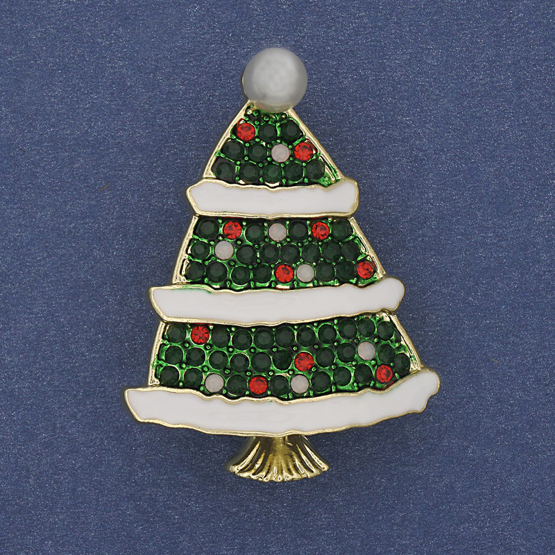 Brosche/Anhänger Weihnachtsbaum grün und weiß Emaille, Strasssteine, Perle, goldfarbenes Metall 40×30 mm +