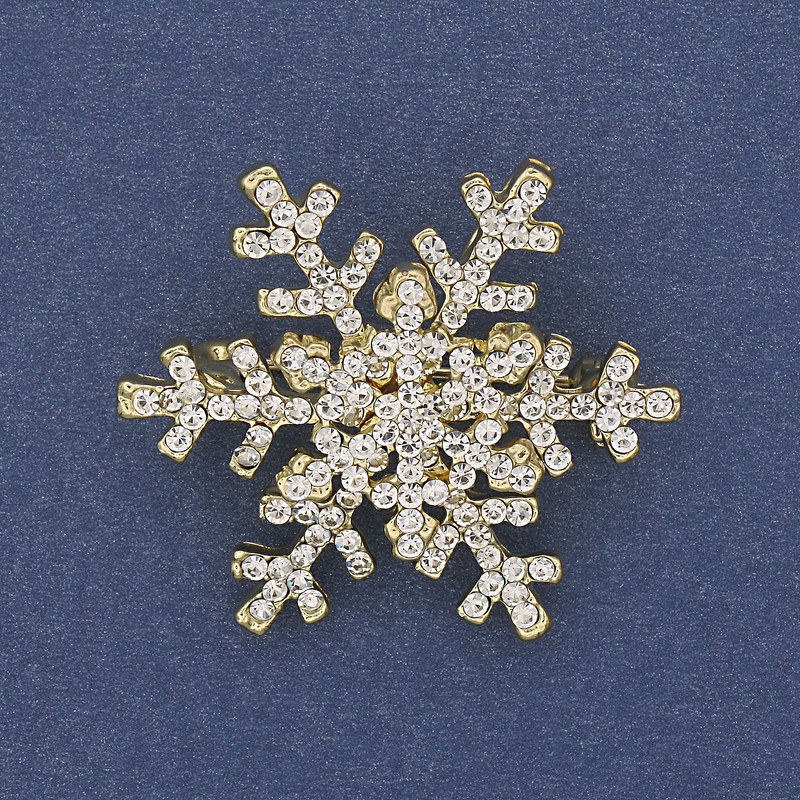 Brosche-Anhänger Neujahrs-Schneeflocke mit weißen Strasssteinen, goldfarbenes Metall, 34 mm +