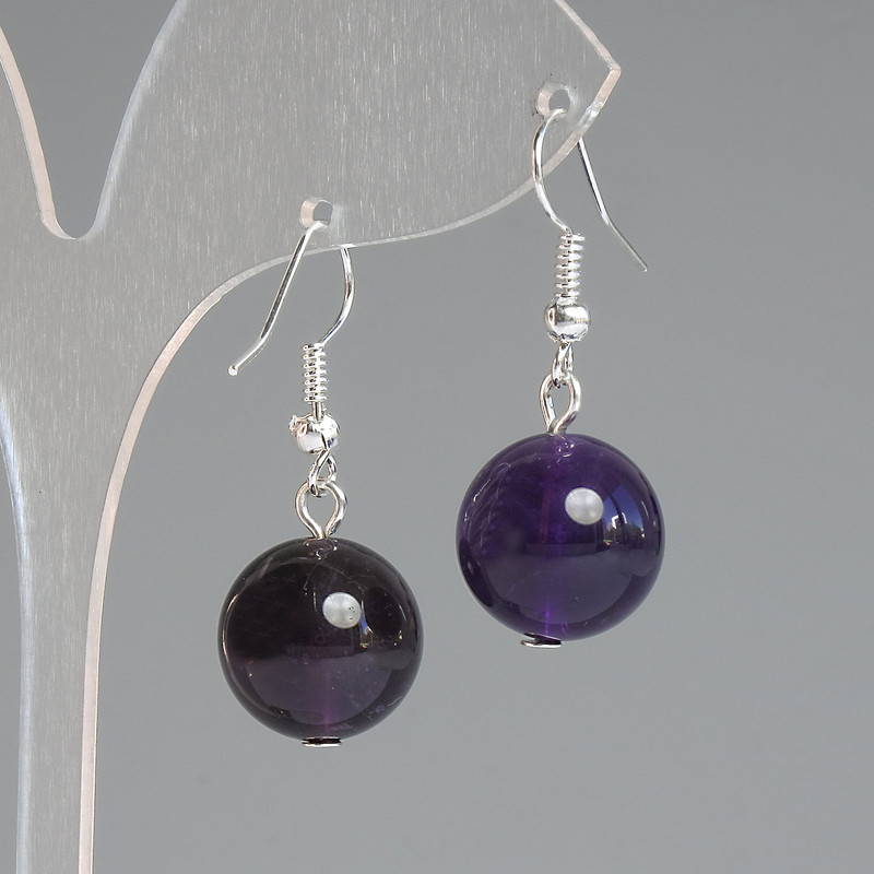 Ohrringe Amethyst, natürlicher Stein, glatte Kugel, Durchmesser ca. 14 mm, Länge ca. 32 mm, silberfarbenes Metall