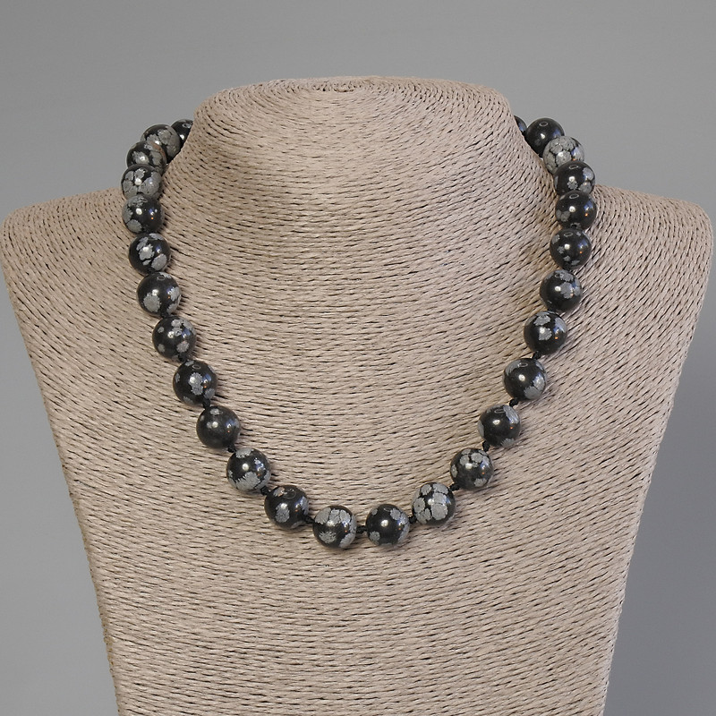 Halskette aus Schneeflocken-Obsidian, glatte Kugeln, Durchmesser ca. 12 mm, Länge ca. 50 cm, mit Verschluss