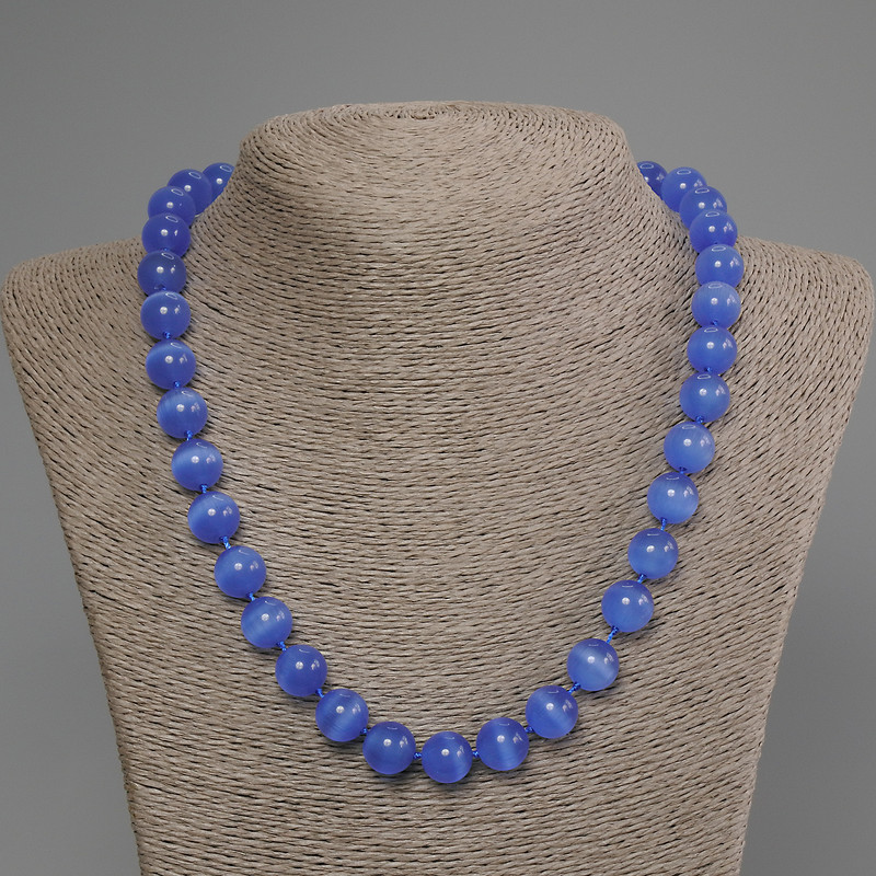 Blaue Katzenauge-Halskette – glatte Kugel, Durchmesser ca. 11 mm, Länge ca. 50 cm, mit Verschluss