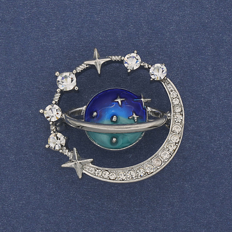 Brosche Planet – Emaille, weiße Strasssteine, silberfarbenes Metall, 30 mm+