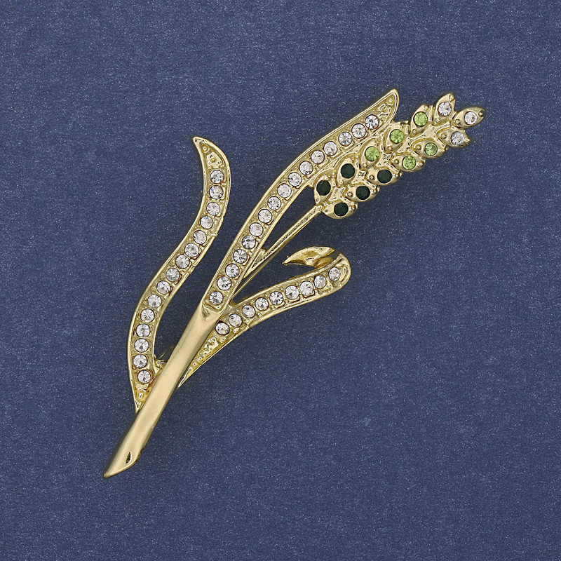 Brosche Kornähre in Grün und weiße Strasssteine, goldfarbenes Metall, 20×53 mm+