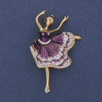 Brosche 'Ballerina' violett und weiß emailliert, weiße Strasssteine, goldfarbenes Metall, 35×50 mm+