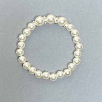 Armband aus weißen Mallorca-Perlen (Acryl), Durchmesser ca. 8–10 mm, mit Strasssteinen, Länge 18 cm, elastisch