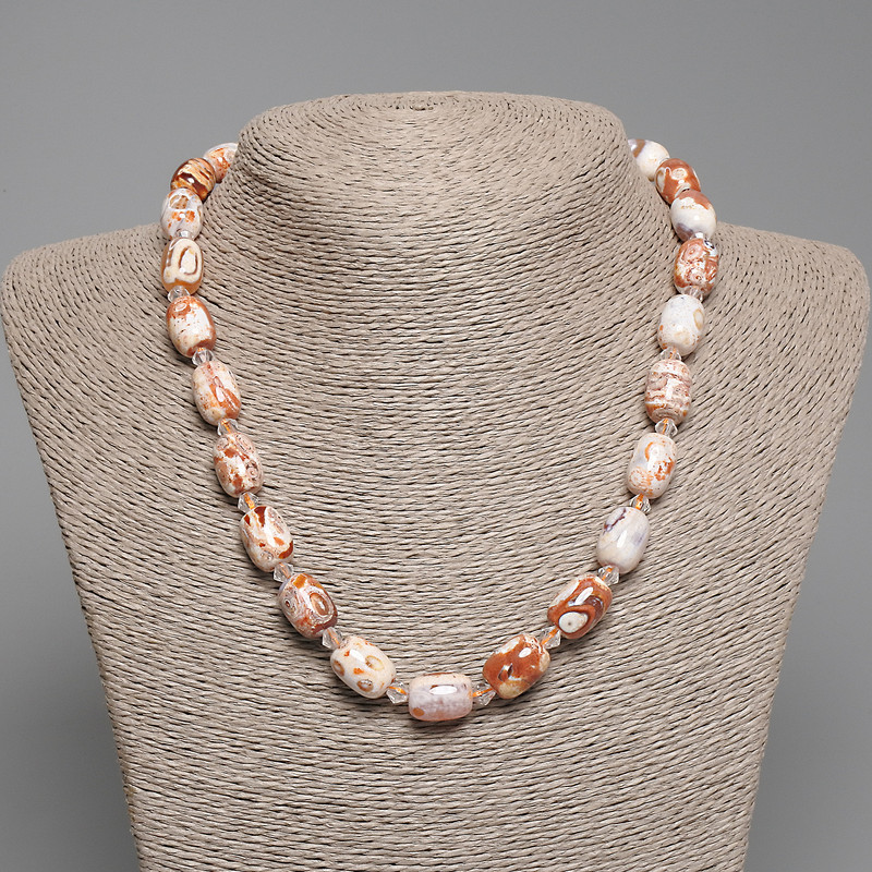 Kette Wüstenjaspis Barillet-Perlen, Maße ca. 14×10 mm, 5 mm Seed-Beads, Länge ca. 45 cm, mit Verschluss
