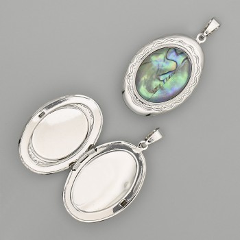 Anhänger aus Haliotis, oval, silberfarbenes Metall, 45 × 25 mm ±, zum Aufbewahren eines Fotos