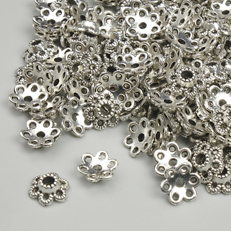 Perlenkappe für Perle, Durchmesser ca. 7 mm, Lochdurchmesser ca. 1,9 mm, silberfarbenes Metall, Verpackung ca. 20 g ± (~125 Stück)