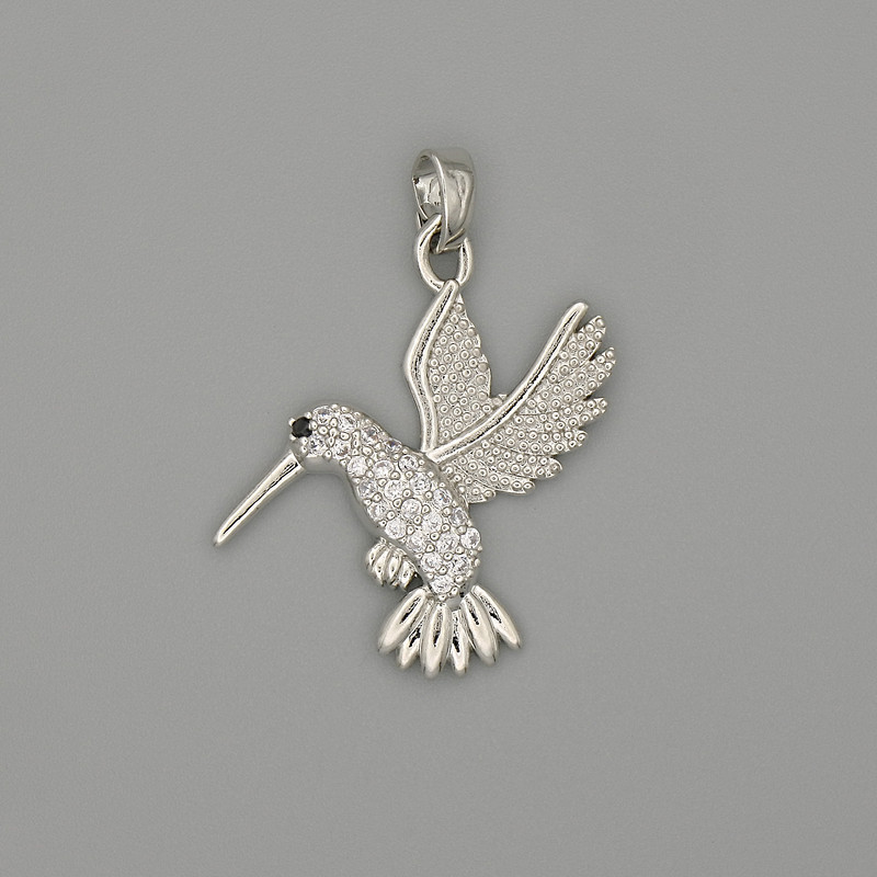 Anhänger Kolibri, silberfarbenes Metall, weiße Strasssteine, Durchmesser 29×21 mm+