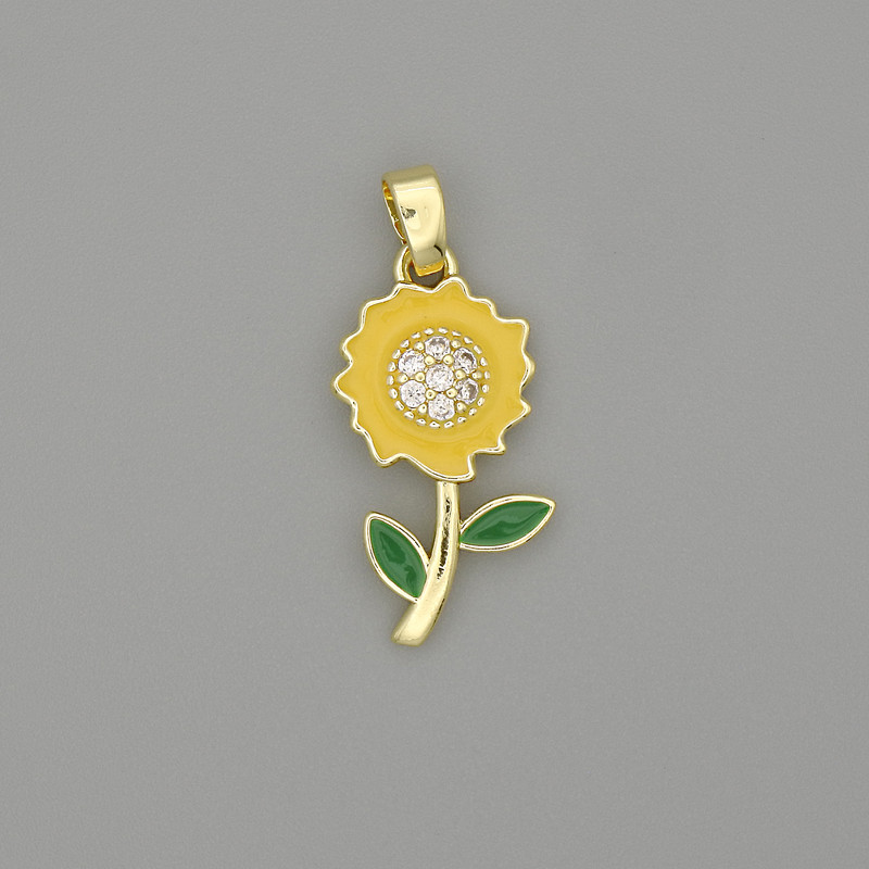 Anhänger Sonnenblume, emailliertes goldfarbenes Metall, weiße Strasssteine, Durchmesser ca. 25×10 mm+