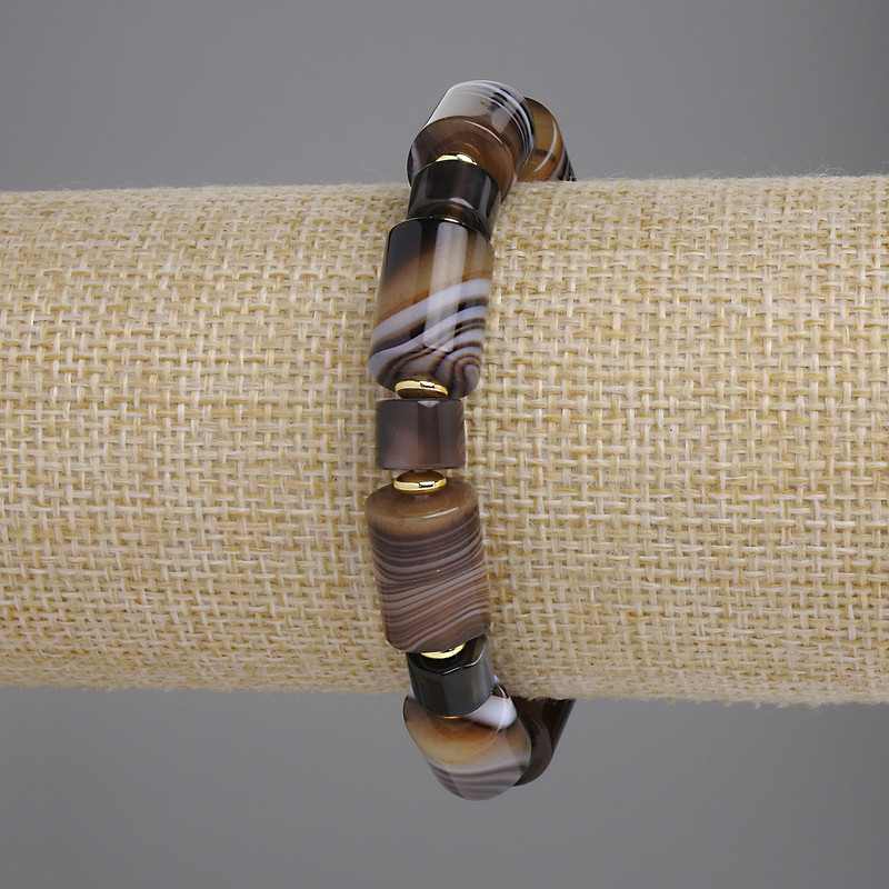 Achat-Armband, zylinderförmig, Durchmesser 14×10 mm ±, 8,5×6 mm ±, mit Metall-Einsätzen, Länge 18 cm ±, elastisches Band