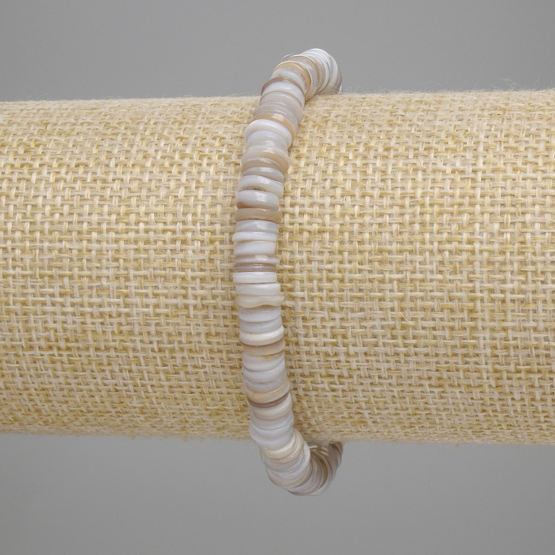 Armreif aus Skafarka-Muschel, Rondellform, Durchmesser 6×1–1,5 mm, Länge ca. 18 cm, Stretcharmband