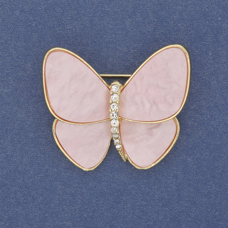 Brosche Schmetterling – rosa-perlmuttfarbene Ausführung, goldfarbenes Metall, 26×29 mm