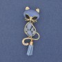 Brosche mit Anhänger – Katze mit Stein, blaues Katzenauge, goldfarbenes Metall, 43×17 mm+