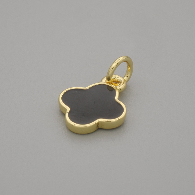 Anhänger Kleeblatt, schwarz, goldfarbenes Metall, Durchmesser ca. 10 x 10 mm, Länge ca. 15 mm