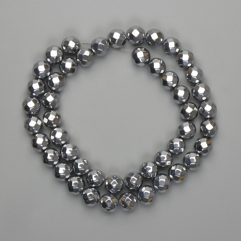 Hämatit-Perlen silberfarben, facettierte Kugeln 8 mm, Länge ca. 38 cm