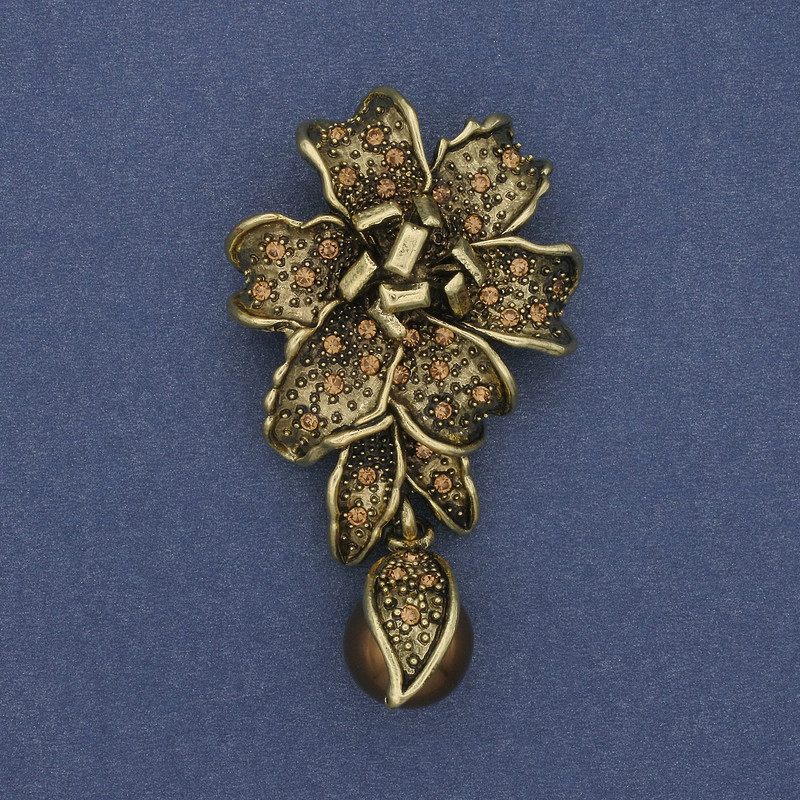Blumenbrosche mit Anhänger – Blüte, Perle und Strass, bronzefarbenes Metall, 60 × 32 mm+