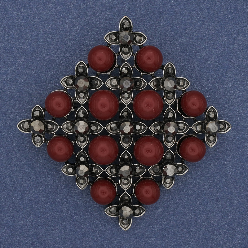 Brosche mit Anhänger Turmalin-Rhombus, graue Strasssteine, silberfarbenes Metall, 56 mm+