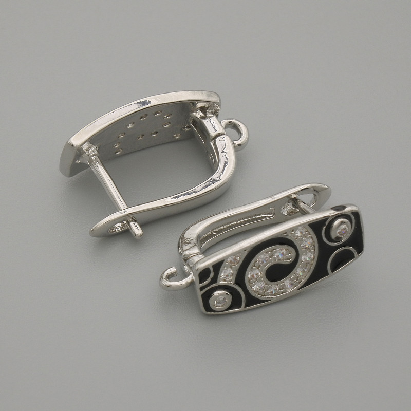 Ohrhaken für Ohrringe, weiße Strasssteine, schwarze Emaille, silberfarbenes Metall, 16×7 mm, Paar