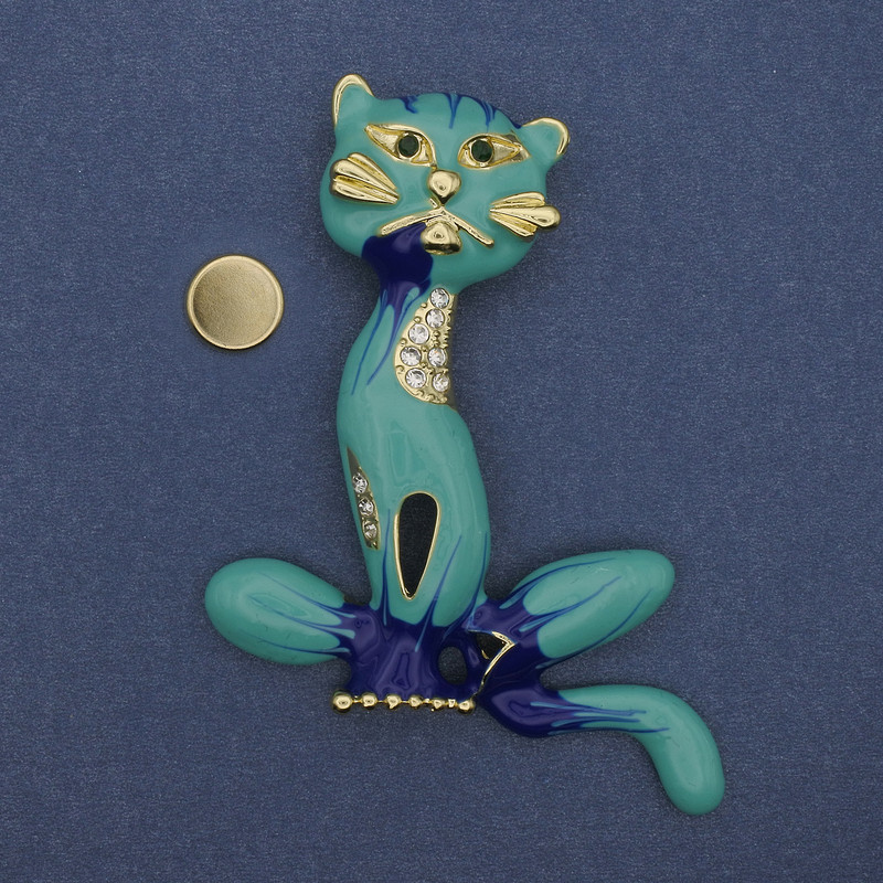 Brosche Katze mit Emaille und Strasssteinen