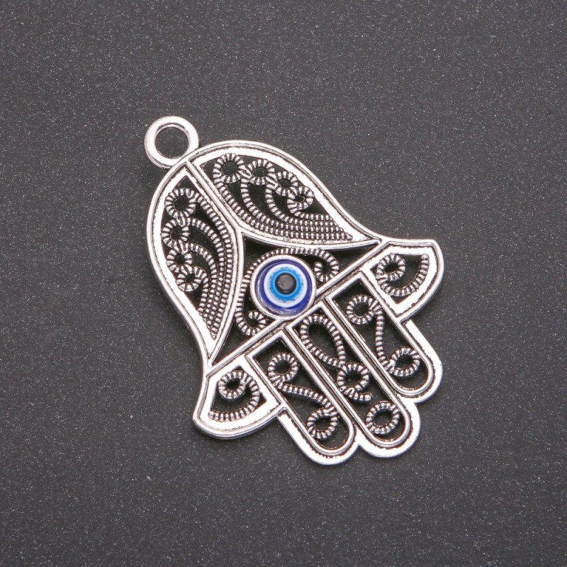 Hamsa-Anhänger mit Auge, silberfarbener Metallton, 65 mm (2er-Pack)