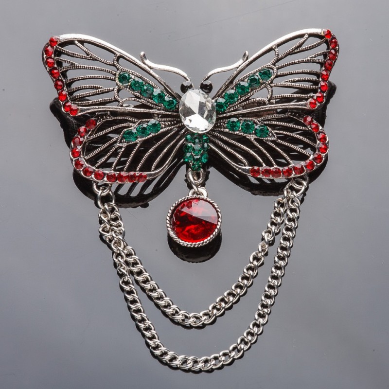 Brosche «Schmetterling» mit roten und grünen Strasssteinen, 6,5×3,5 cm
