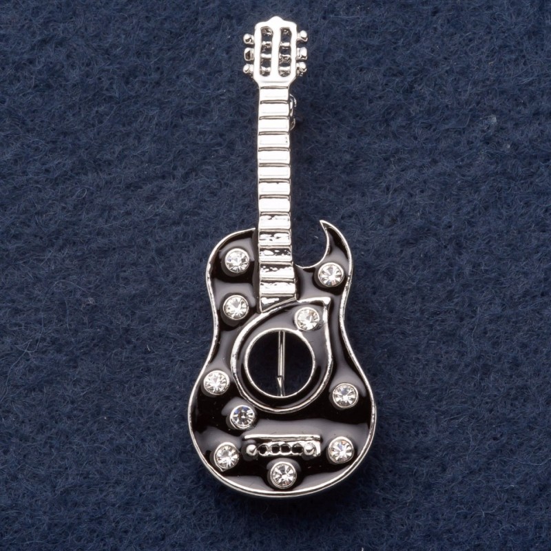 Brosche 'Bandera-Gitarre' 5 × 2 cm schwarze Emaille, silberfarbenes Metall