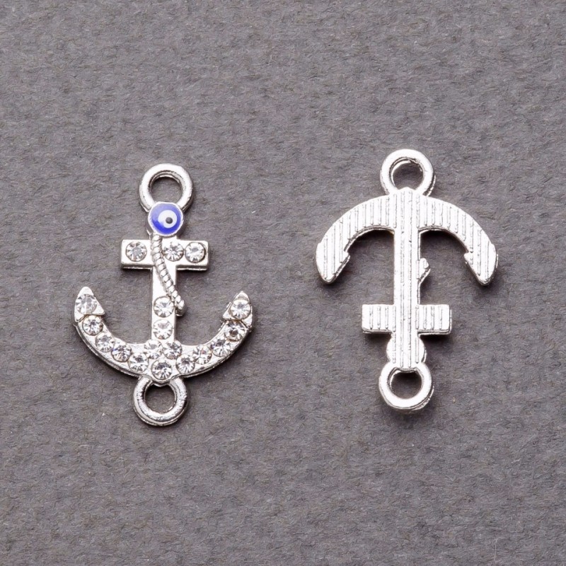 Schmuckverbinder Anhänger Anker silberfarben, mit Strasssteinen als Augen, 2×1,5 cm, Packung 4 Stück