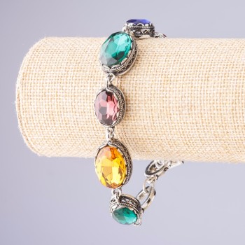 Armband mit bunten Kristallen, Fassung im Zackenstil, ovaler Stein, 7 Stück, 20 × 16 mm und 13 × 16 mm, Länge 18–21 cm