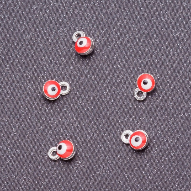 Schmuckzubehör Anhänger 'Augen', Durchmesser 4 mm, Länge 6 mm, rot emailliert, graues Metall, 14 Stück
