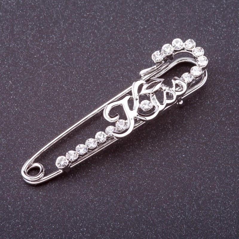 Brosche mit Stecknadel 'Kiss' – weiße Strasssteine, Farbe Silber, 5,5×1,5 cm