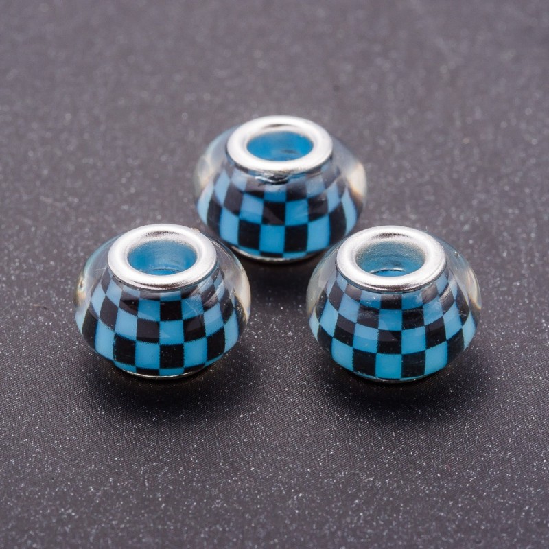 Pandora-Perle Blaues Schachbrettmuster Kunststoff, Durchmesser 13 mm, Bohrung 5 mm, Packung 11 Stück