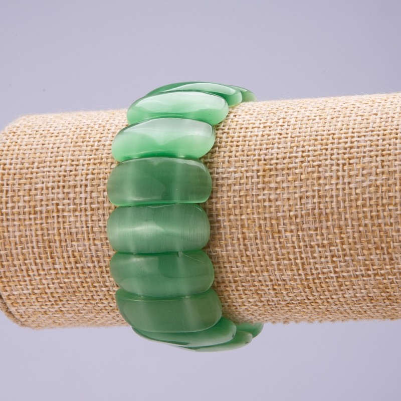 Armband aus grünem Katzenauge, Naturstein, Glieder 25×11 mm, auf Elastikband